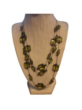 Vintage Green Lucite Bead Multistrand Necklace Silver-Tone Accents Lobster Clasp